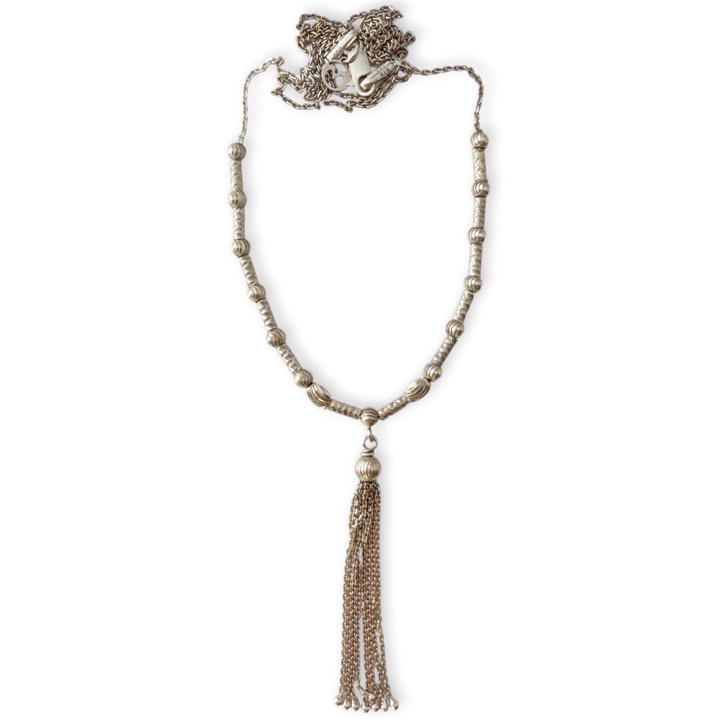 Sts Signed 925 Sterling Silver Textured Fancy Ball Bead Tassel Chain Necklace 55$